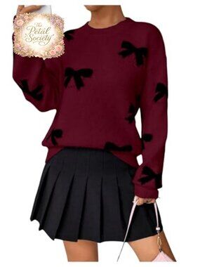 Bow Sweater Women Long Sleeve Crewneck Casual Winter Oversized Pullover